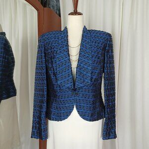 Silky Blue & Black Eyelash Trim Dressy Blazer, Dinner Jacket